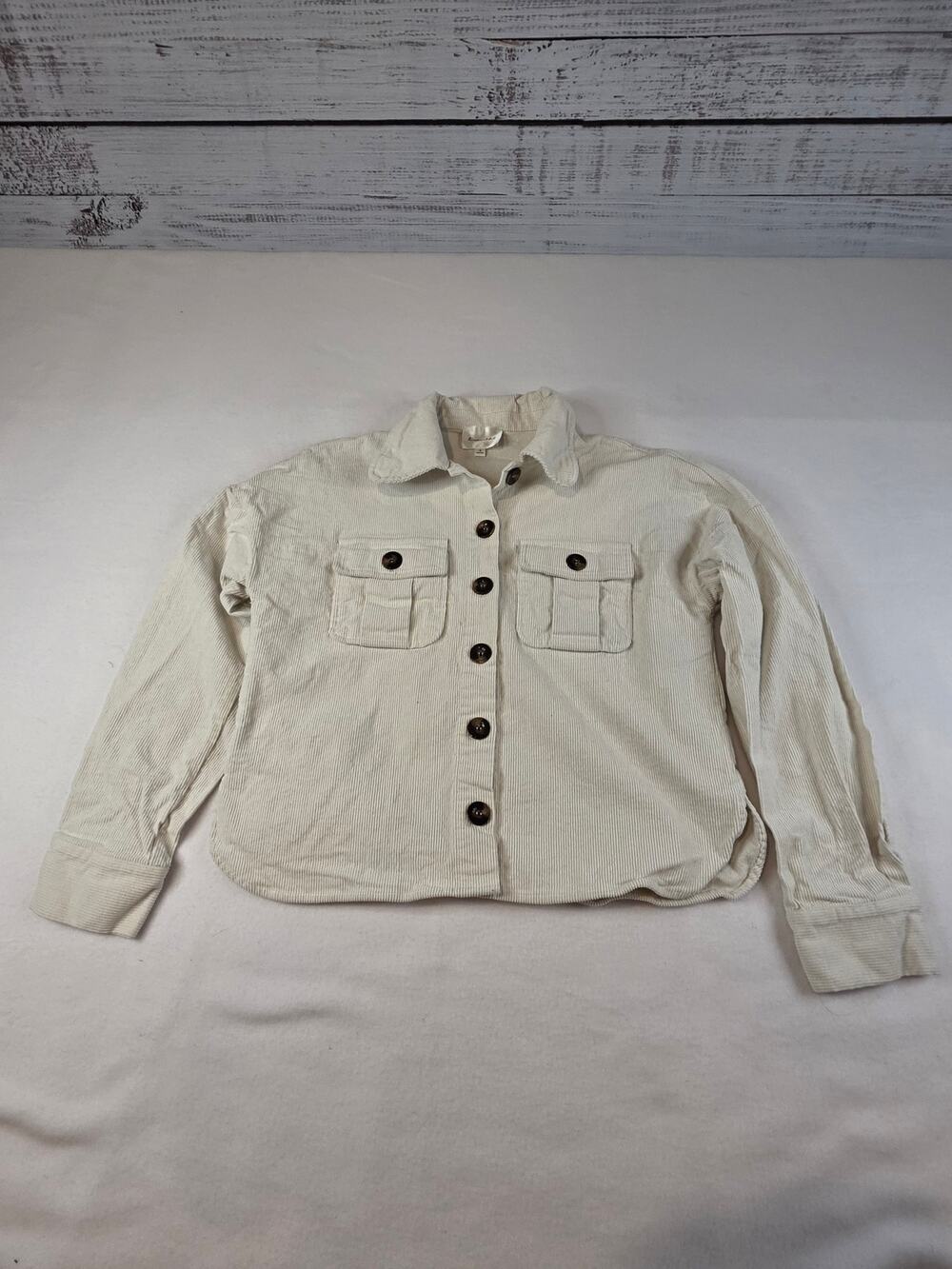 Line & Dot Cream Corduroy Shacket Women's S Cropped Button Up Shirt Jacket